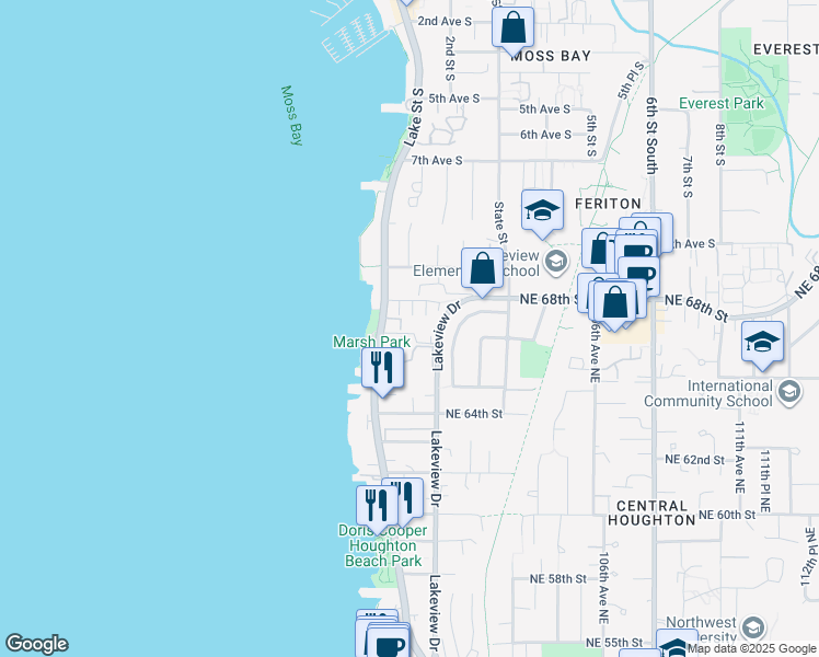 map of restaurants, bars, coffee shops, grocery stores, and more near 6612 Lake Washington Boulevard Northeast in Kirkland