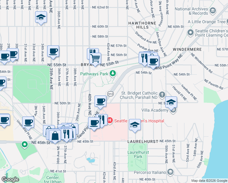 map of restaurants, bars, coffee shops, grocery stores, and more near 5021 Sand Point Place Northeast in Seattle