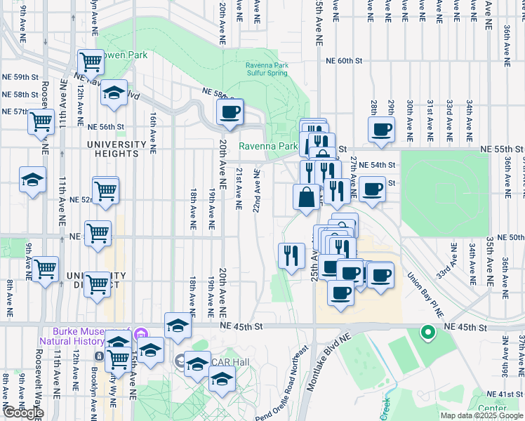 map of restaurants, bars, coffee shops, grocery stores, and more near 5009 Ravenna Avenue Northeast in Seattle