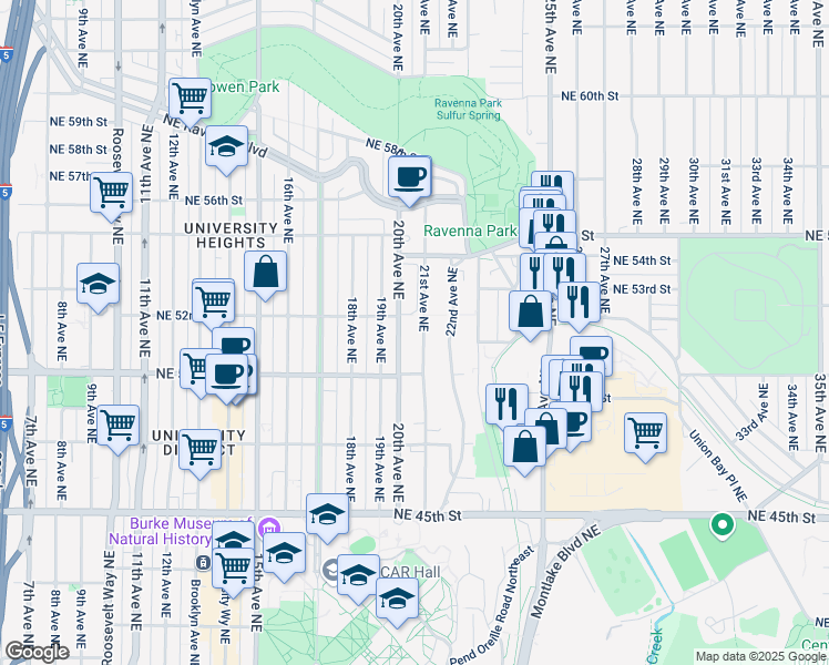 map of restaurants, bars, coffee shops, grocery stores, and more near 5016 21st Avenue Northeast in Seattle