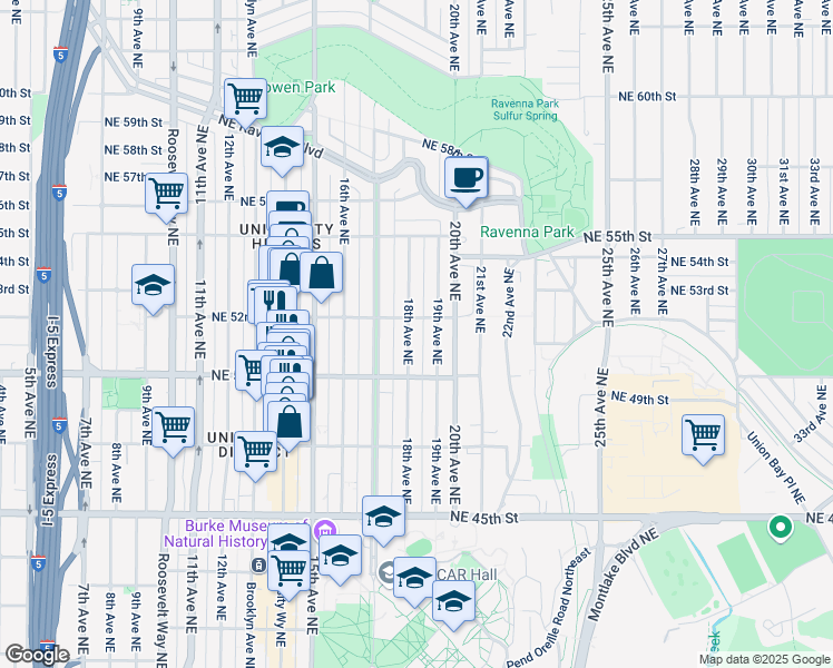 map of restaurants, bars, coffee shops, grocery stores, and more near 5019 18th Avenue Northeast in Seattle