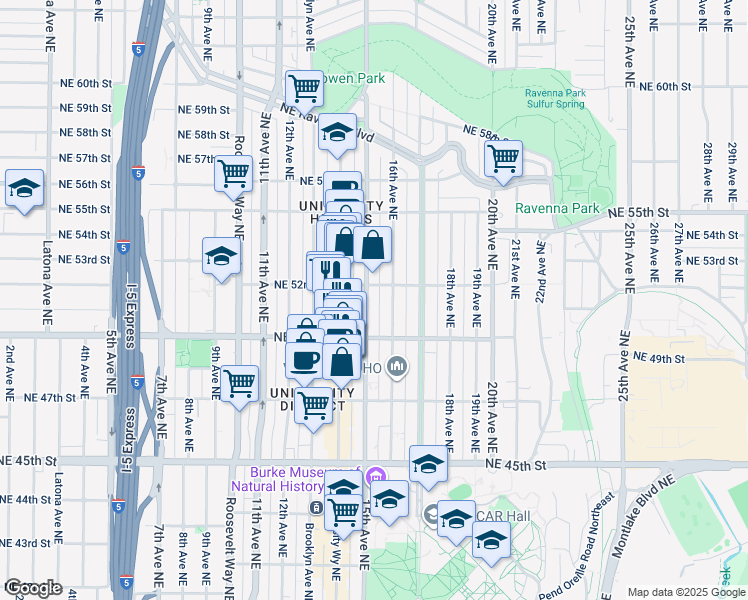 map of restaurants, bars, coffee shops, grocery stores, and more near 5018 16th Avenue Northeast in Seattle