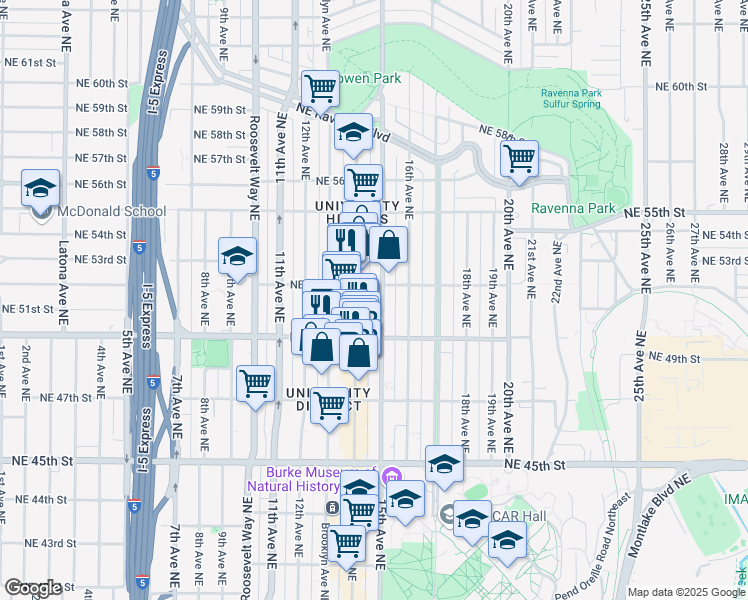 map of restaurants, bars, coffee shops, grocery stores, and more near 5006 University Way Northeast in Seattle