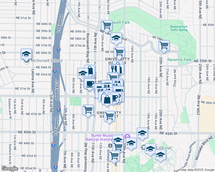 map of restaurants, bars, coffee shops, grocery stores, and more near 5021 Brooklyn Avenue Northeast in Seattle