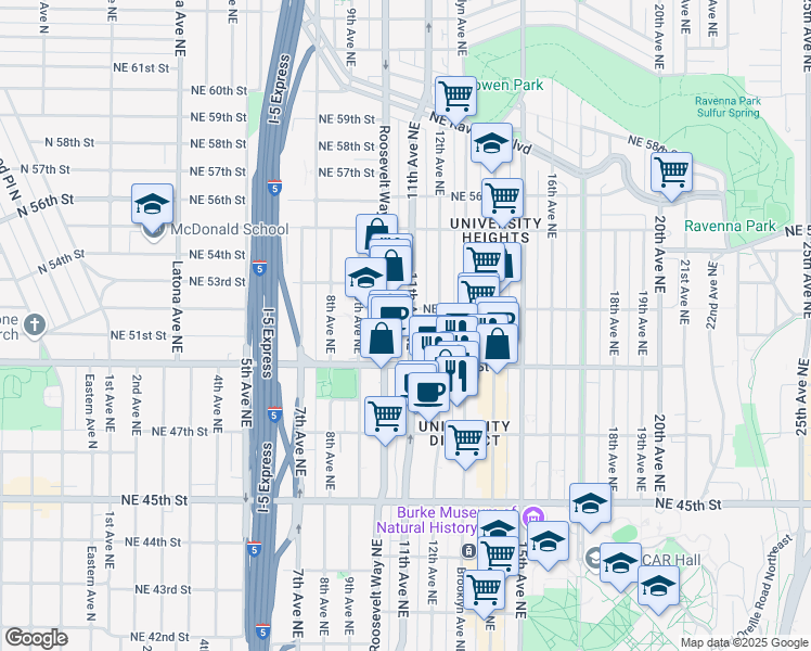 map of restaurants, bars, coffee shops, grocery stores, and more near 5018 11th Avenue Northeast in Seattle