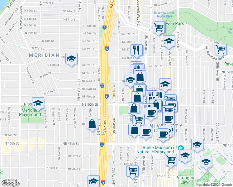map of restaurants, bars, coffee shops, grocery stores, and more near 5016 7th Avenue Northeast in Seattle
