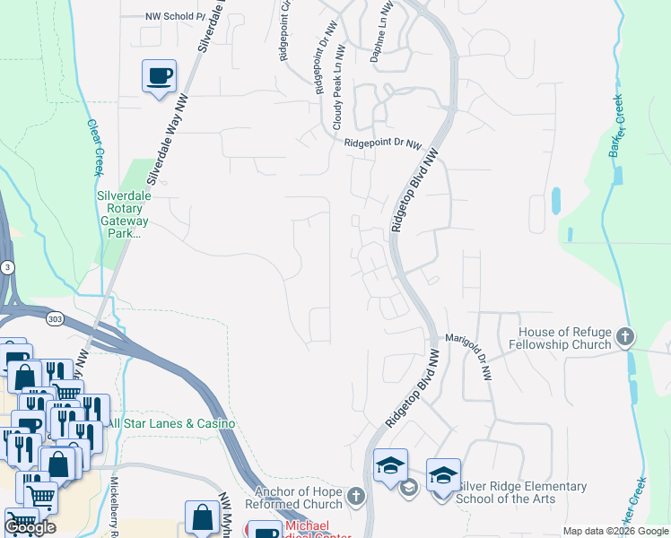 map of restaurants, bars, coffee shops, grocery stores, and more near 1408 Northwest Santa Fe Lane in Silverdale