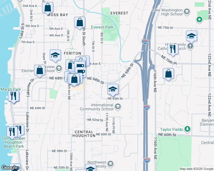 map of restaurants, bars, coffee shops, grocery stores, and more near 11021 Northeast 68th Street in Kirkland
