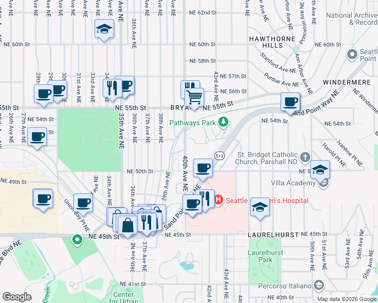 map of restaurants, bars, coffee shops, grocery stores, and more near 5100 40th Avenue Northeast in Seattle