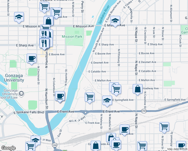map of restaurants, bars, coffee shops, grocery stores, and more near 1501 East Mallon Avenue in Spokane