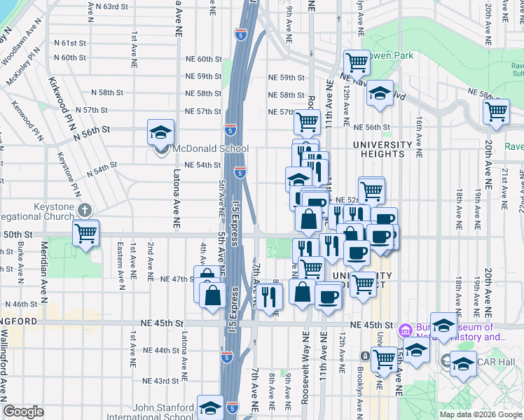 map of restaurants, bars, coffee shops, grocery stores, and more near 5034 7th Avenue Northeast in Seattle