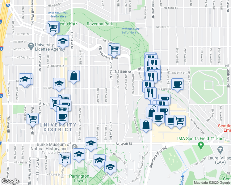 map of restaurants, bars, coffee shops, grocery stores, and more near 5037 21st Avenue Northeast in Seattle