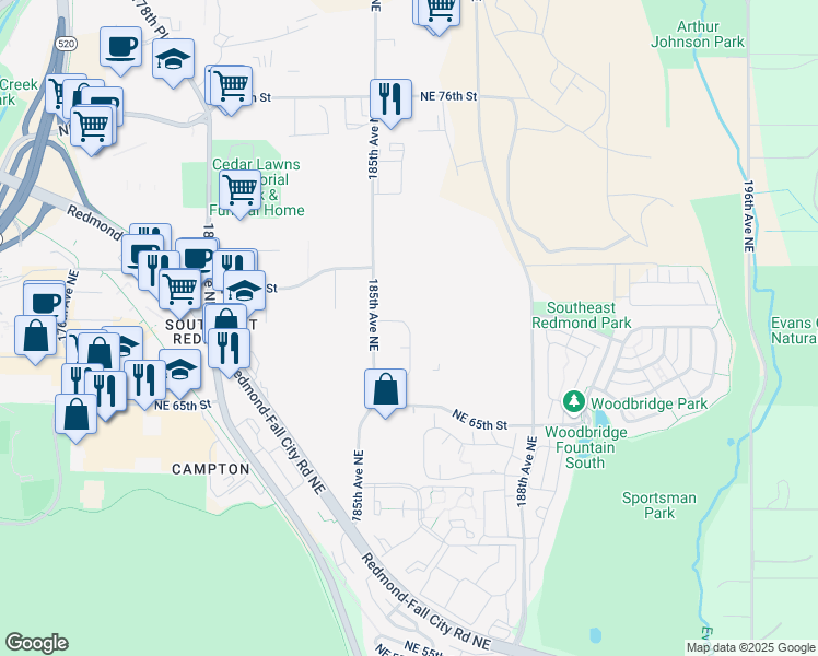 map of restaurants, bars, coffee shops, grocery stores, and more near 18593 Northeast 67th Court in Redmond