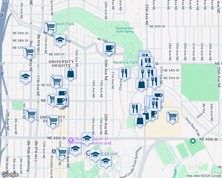 map of restaurants, bars, coffee shops, grocery stores, and more near 5037 21st Avenue Northeast in Seattle