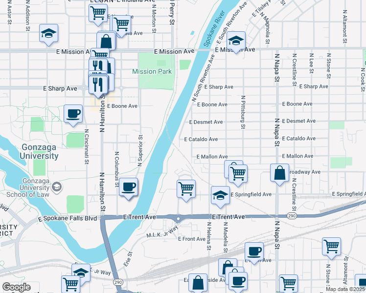 map of restaurants, bars, coffee shops, grocery stores, and more near 920 North Perry Street in Spokane