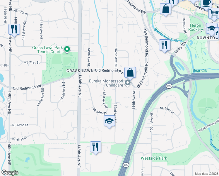 map of restaurants, bars, coffee shops, grocery stores, and more near 6620 151st Avenue Northeast in Redmond