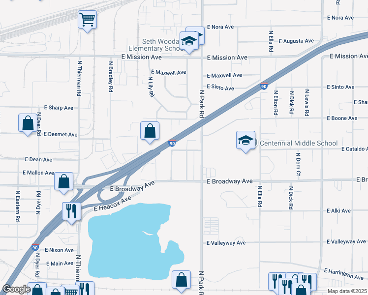map of restaurants, bars, coffee shops, grocery stores, and more near 915 North Bowman Road in Spokane Valley