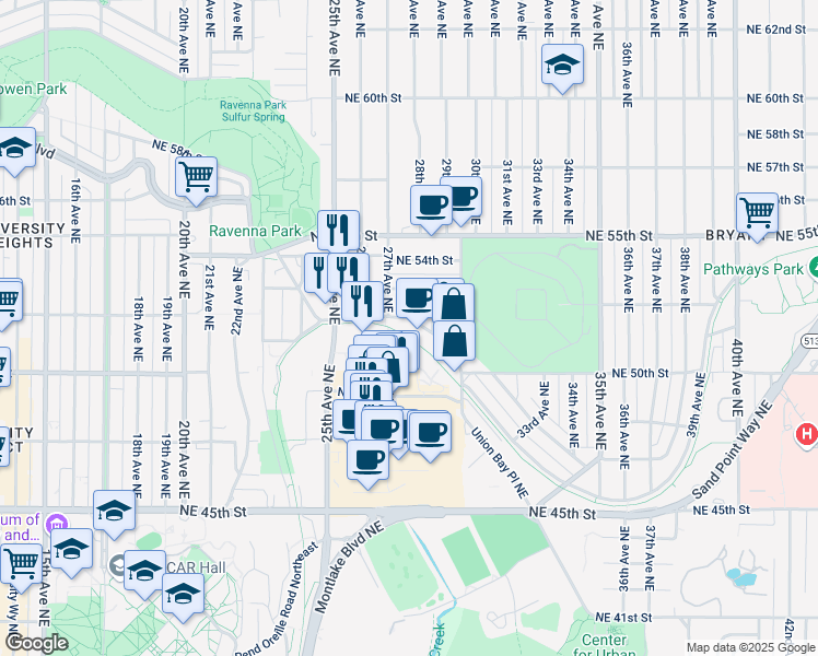 map of restaurants, bars, coffee shops, grocery stores, and more near 2901 Northeast Blakeley Street in Seattle