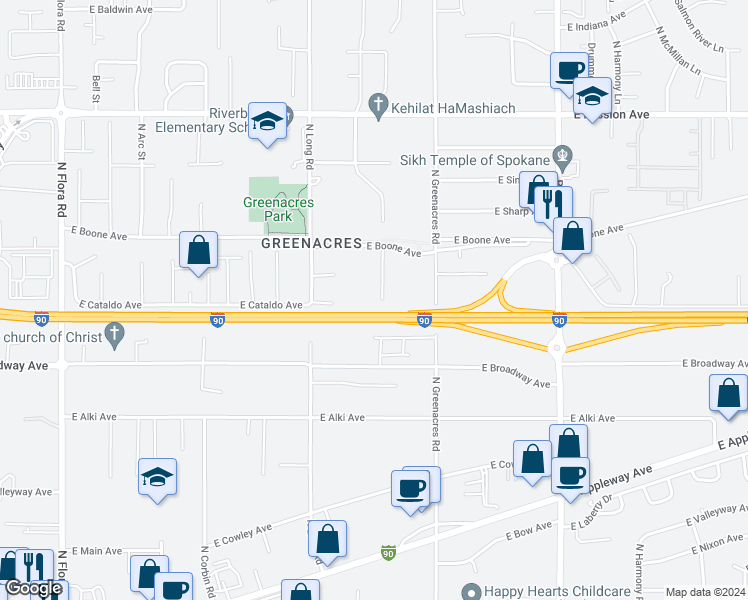 map of restaurants, bars, coffee shops, grocery stores, and more near 819 North Greenacres Road in Spokane Valley