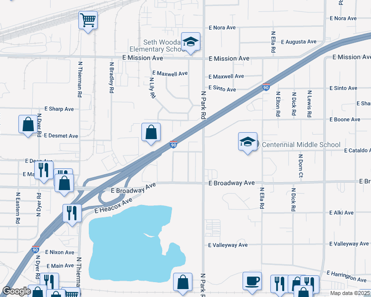 map of restaurants, bars, coffee shops, grocery stores, and more near 915 North Bowman Road in Spokane Valley