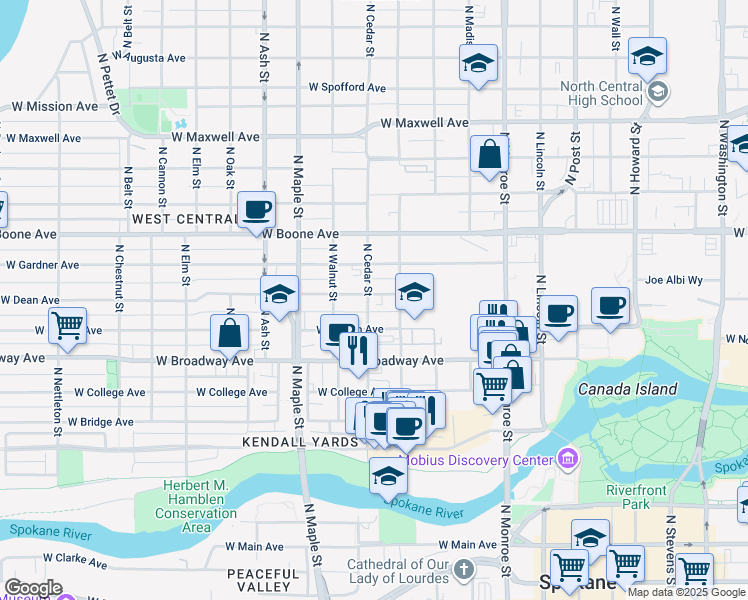 map of restaurants, bars, coffee shops, grocery stores, and more near in Spokane