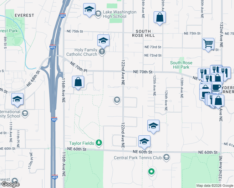 map of restaurants, bars, coffee shops, grocery stores, and more near 12031 Northeast 67th Street in Kirkland