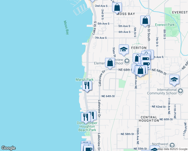 map of restaurants, bars, coffee shops, grocery stores, and more near 10133 Northeast 66th Lane in Kirkland
