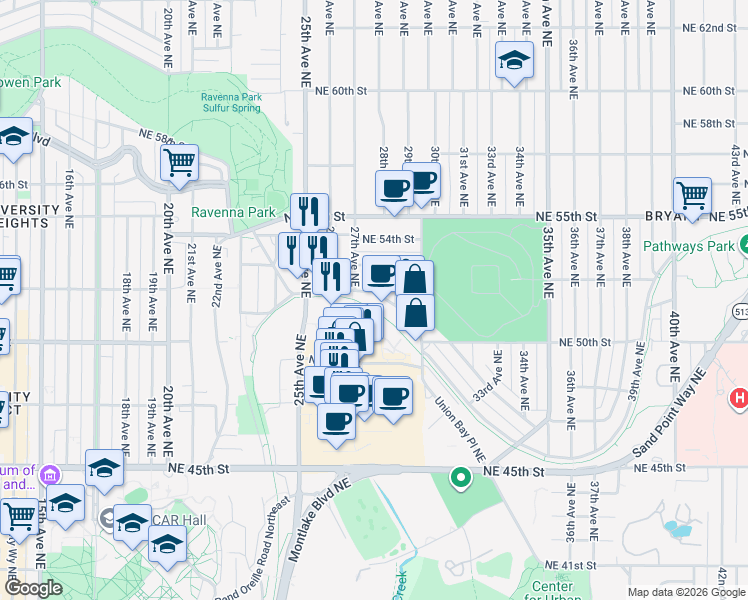 map of restaurants, bars, coffee shops, grocery stores, and more near 4747 30th Avenue Northeast in Seattle