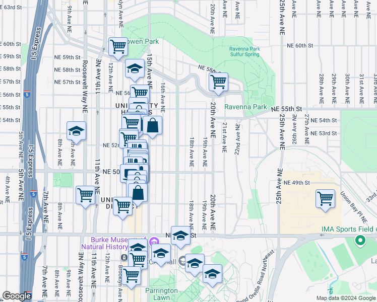 map of restaurants, bars, coffee shops, grocery stores, and more near 5019 18th Avenue Northeast in Seattle