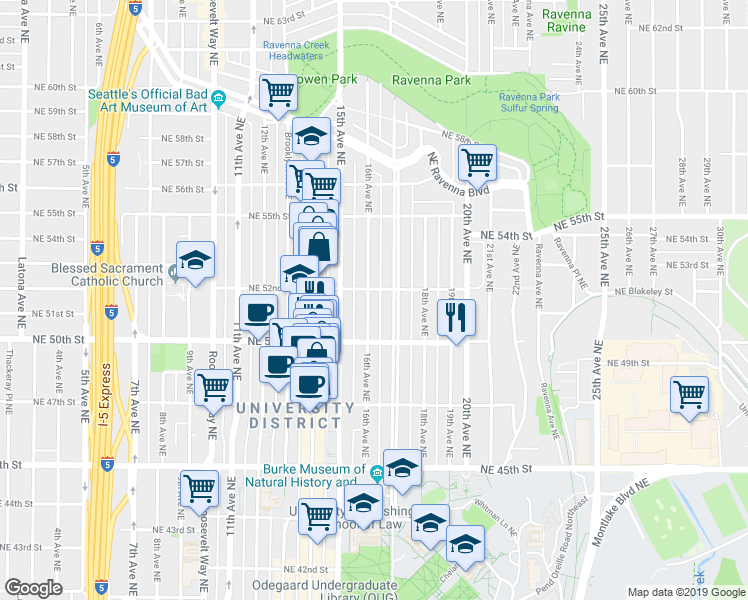 map of restaurants, bars, coffee shops, grocery stores, and more near in Seattle