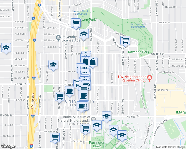 map of restaurants, bars, coffee shops, grocery stores, and more near 5018 16th Avenue Northeast in Seattle