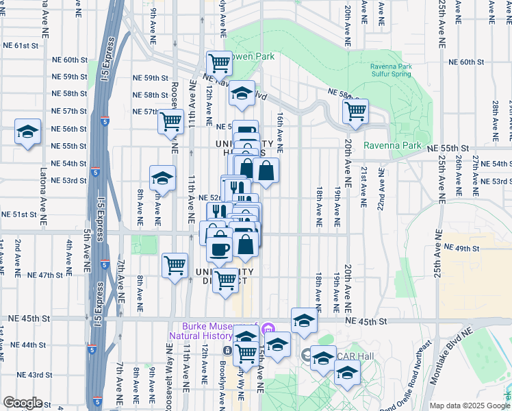 map of restaurants, bars, coffee shops, grocery stores, and more near 5006 University Way Northeast in Seattle