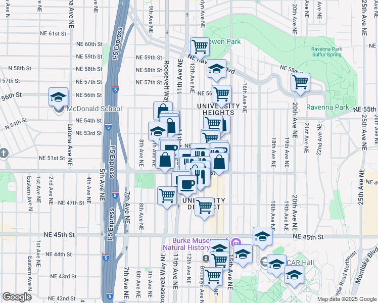 map of restaurants, bars, coffee shops, grocery stores, and more near 5018 11th Avenue Northeast in Seattle