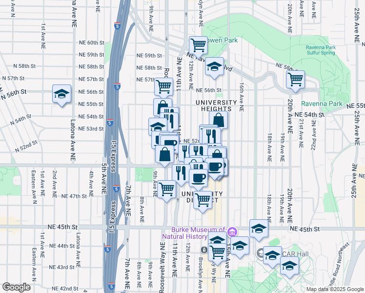 map of restaurants, bars, coffee shops, grocery stores, and more near 5018 11th Avenue Northeast in Seattle