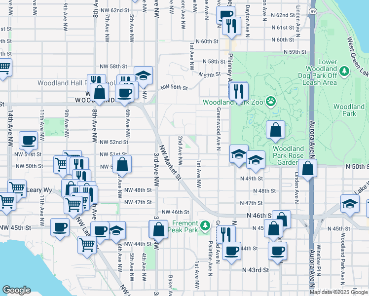 map of restaurants, bars, coffee shops, grocery stores, and more near 119 Northwest 51st Street in Seattle