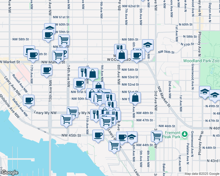 map of restaurants, bars, coffee shops, grocery stores, and more near 815 Northwest 51st Street in Seattle