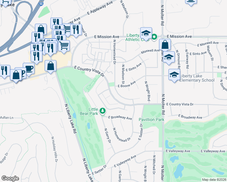 map of restaurants, bars, coffee shops, grocery stores, and more near 1011 North Homestead Drive in Liberty Lake