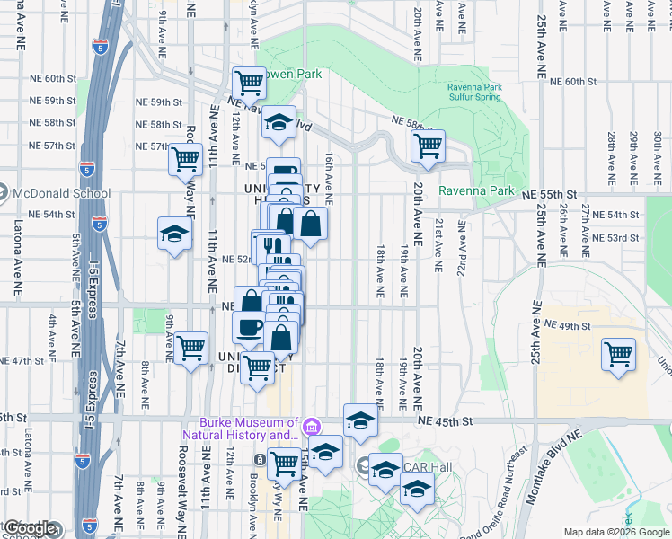 map of restaurants, bars, coffee shops, grocery stores, and more near in Seattle