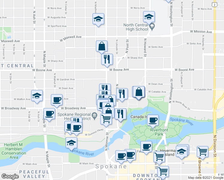 map of restaurants, bars, coffee shops, grocery stores, and more near 930 North Monroe Street in Spokane