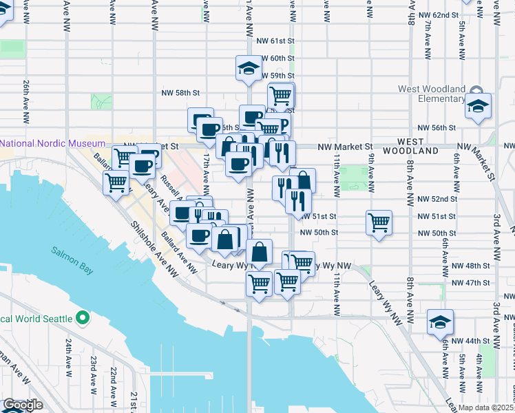 map of restaurants, bars, coffee shops, grocery stores, and more near 5020 15th Avenue Northwest in Seattle