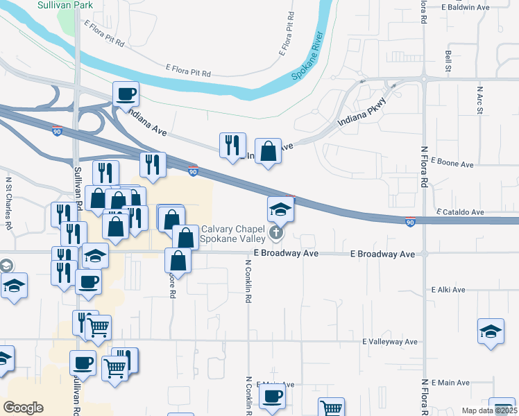 map of restaurants, bars, coffee shops, grocery stores, and more near 16301 East Broadway Avenue in Spokane Valley