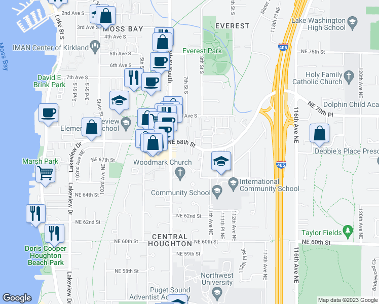 map of restaurants, bars, coffee shops, grocery stores, and more near 10835 Northeast 68th Street in Kirkland