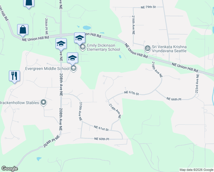 map of restaurants, bars, coffee shops, grocery stores, and more near 21311 Northeast 69th Court in Redmond