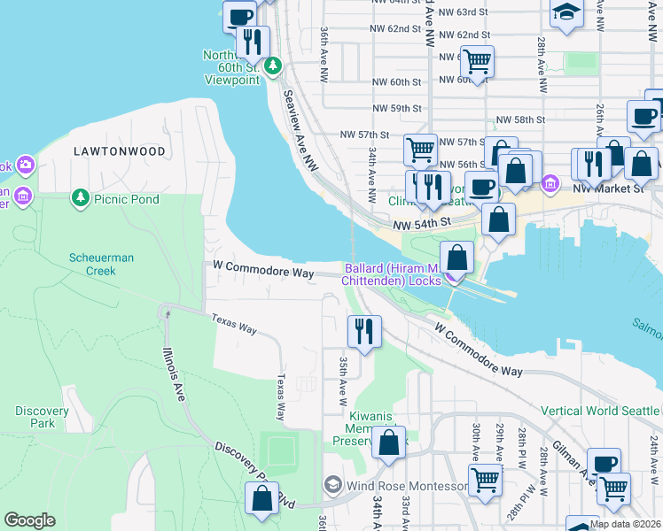 map of restaurants, bars, coffee shops, grocery stores, and more near 3522 West Lawton Circle in Seattle
