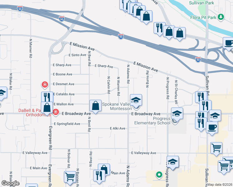 map of restaurants, bars, coffee shops, grocery stores, and more near 906 North Warren Road in Spokane Valley