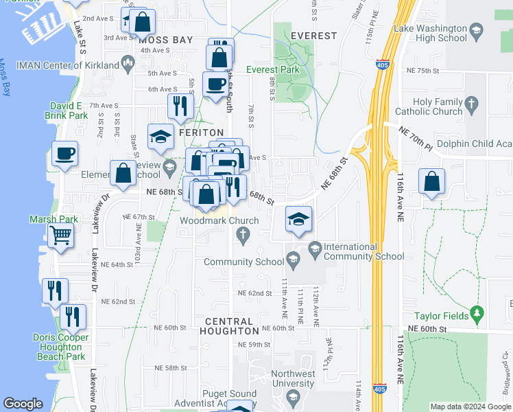 map of restaurants, bars, coffee shops, grocery stores, and more near 10910 Northeast 66th Place in Kirkland