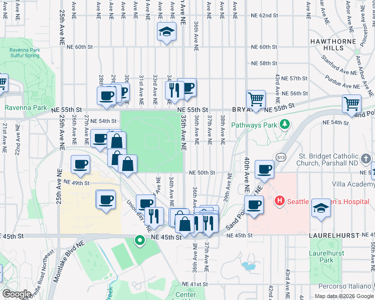 map of restaurants, bars, coffee shops, grocery stores, and more near 5020 35th Avenue Northeast in Seattle