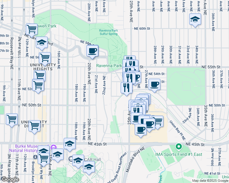 map of restaurants, bars, coffee shops, grocery stores, and more near 2271 Northeast 51st Street in Seattle