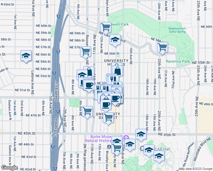 map of restaurants, bars, coffee shops, grocery stores, and more near 5021 Brooklyn Avenue Northeast in Seattle