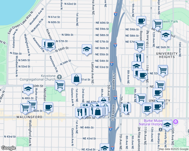 map of restaurants, bars, coffee shops, grocery stores, and more near 311 Northeast 51st Street in Seattle